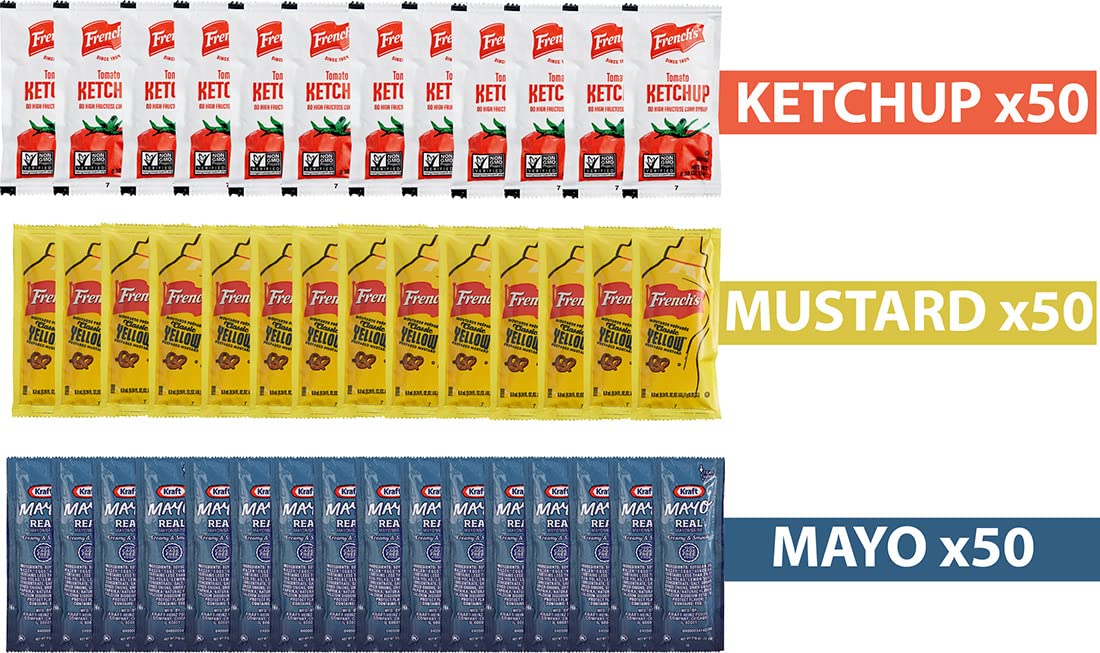 The Seasonal Shop Condiment Packets Variety Pack - 50 Single Serve Portion Packs of Each: Ketchup, Mustard, and Mayo - Packaged in Our Exclusive The Seasonal Shop Box